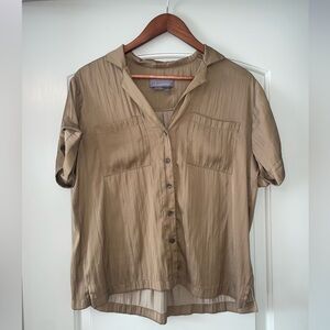 Anthropologie Olive Satin Short Sleeve Button Down